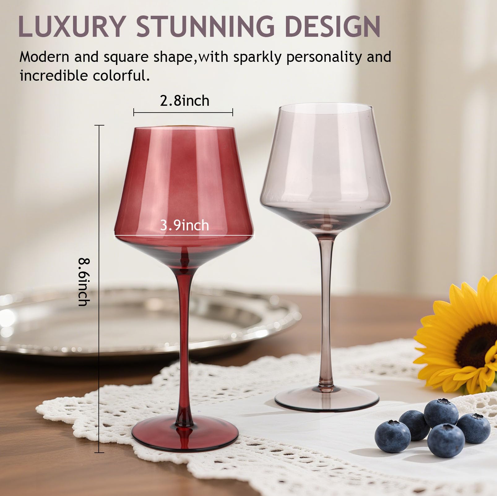 Farbige Weingläser, groß, 473 ml, mundgeblasenes Kristallweinglas, bunte Weingläser, rot und weiß, modern und elegant für Freunde, Familie, Hochzeit, Jahrestag, Weihnachten, Geburtstag, 6 Stück