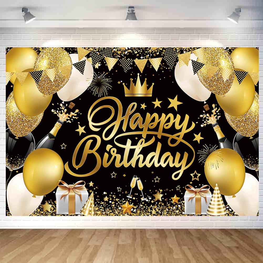 Black Gold Happy Birthday Backdrop Decorations Black Gold Happy Birthday Banner Photo Background for Home Indoor Outdoor Party Decorations Supplies