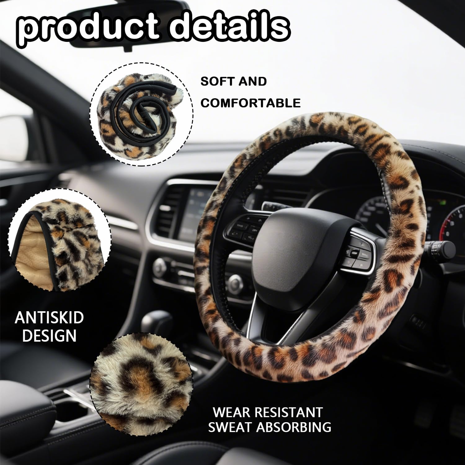 Brown Leopard Print Fuzzy Steering Wheel Cover for Women, Universal Auto Steering Wheel 14-15 Inch Soft Warm Car Interior Accessories with 2PCS Car Coasters, Suitable for Men and Women - Image 3