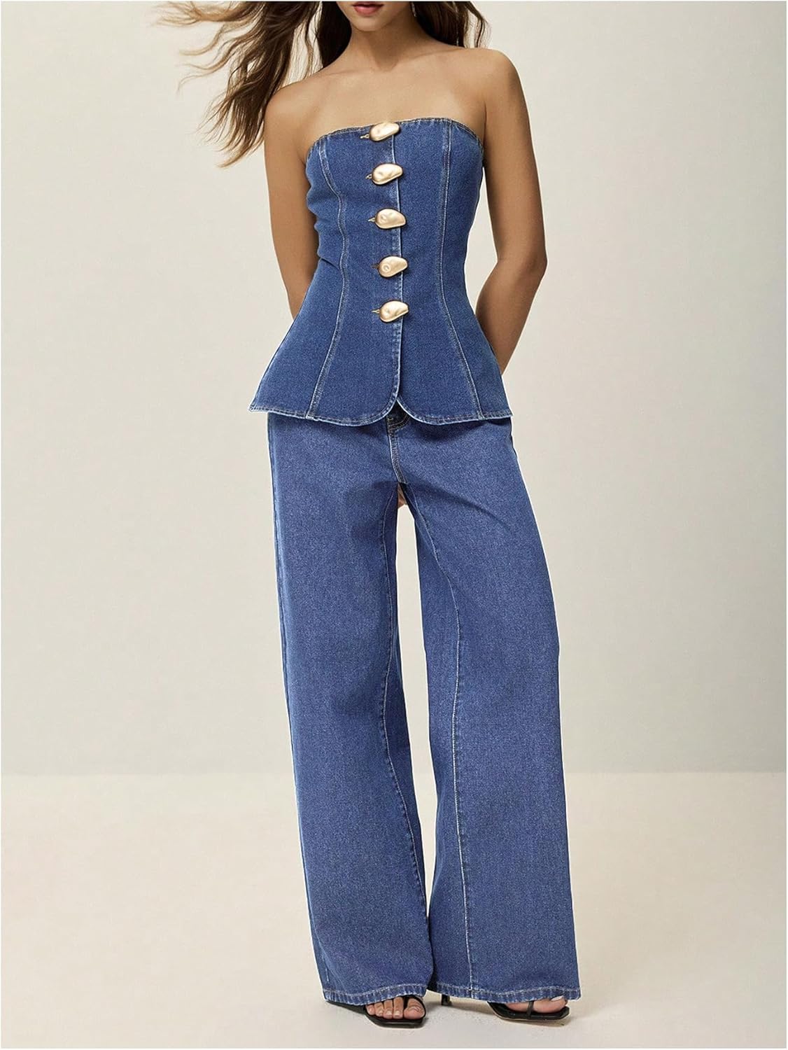 Milumia Women's Metal Button Front Denim Tube Top Elegant Sleeveless Bandeau Tops - Image 4