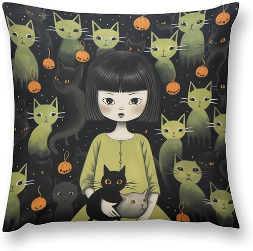 Miniatura 2 de Funda de cojín de 24 x 24 pulgadas, gatos negros y niñas, para exteriores, decoración moderna, decoración de Halloween, otoño, cojines decorativos
