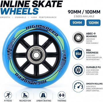 8 Pack Inline Skate Wheels 90mm 100mm 85A Inline Replacement Skate Wheels with ABEC-9 Bearings Smooth Quiet Wear Resistant for Speed Skating, Recreational Indoor Outdoor (Black,90mm)