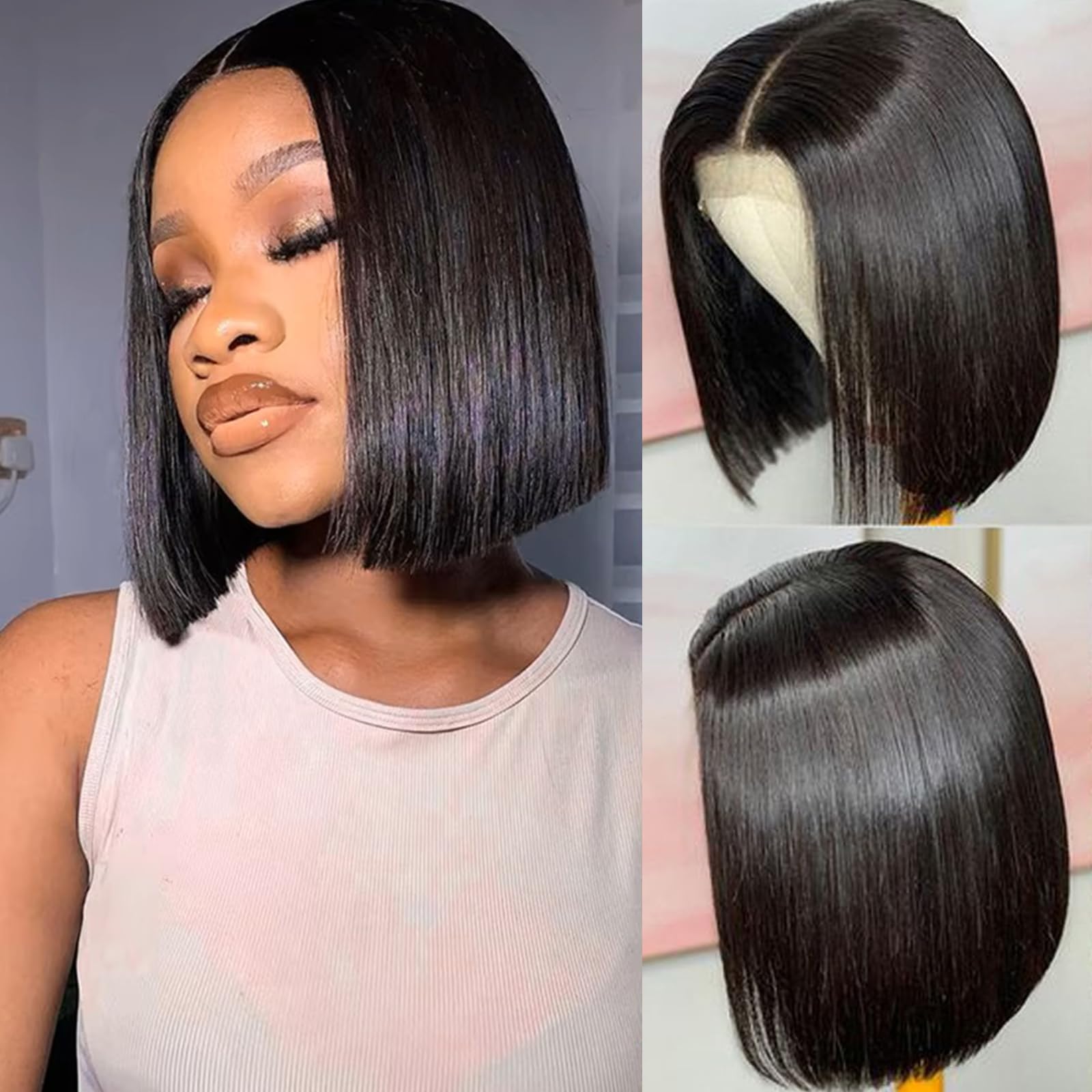 Short Bob Wig Perücke Echthaar Human Hair 13x4 Lace Frontal Wig Bob Wigs Perücke Natur Schwarz Transparent Lace Pre Plucked with Baby Hair 8 Zoll