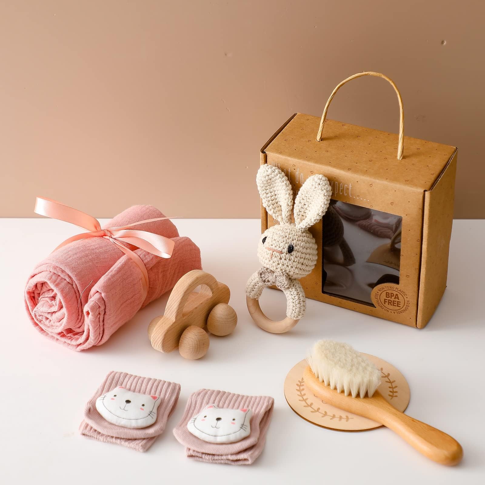 WOODEN TEETHER Baby Shower Gifts for Girls 6 PCS Baby Girl Gifts Baby Gift Set for Newborn Baby Girl Gift Basket Baby Bath Set Essentials Stuff