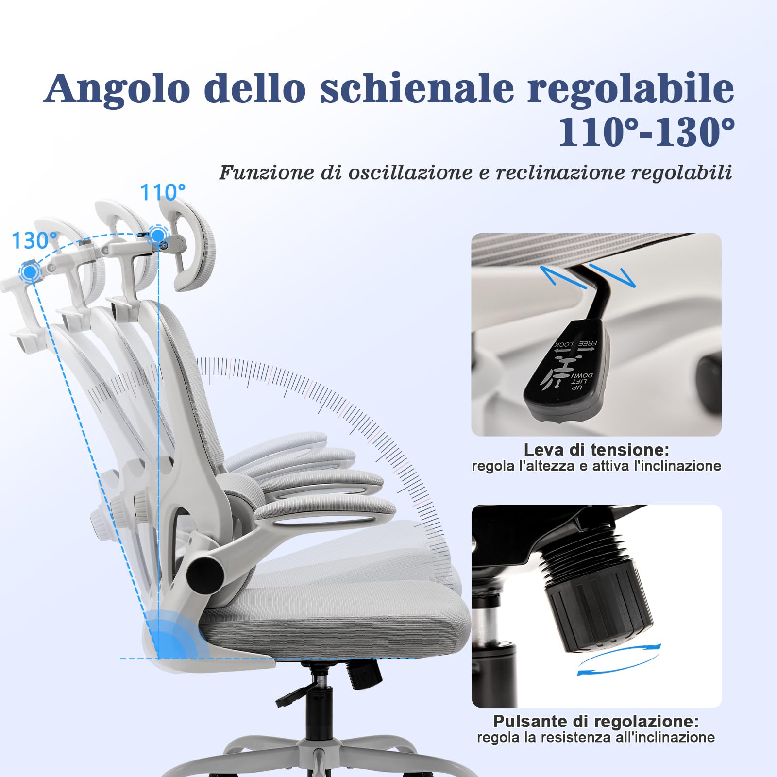 Magic Life Sedia da Ufficio Ergonomica con Schienale a Rete, Supporto Lombare Regolabile, Braccioli e Altezza Regolabili per Home Office (R5-W)