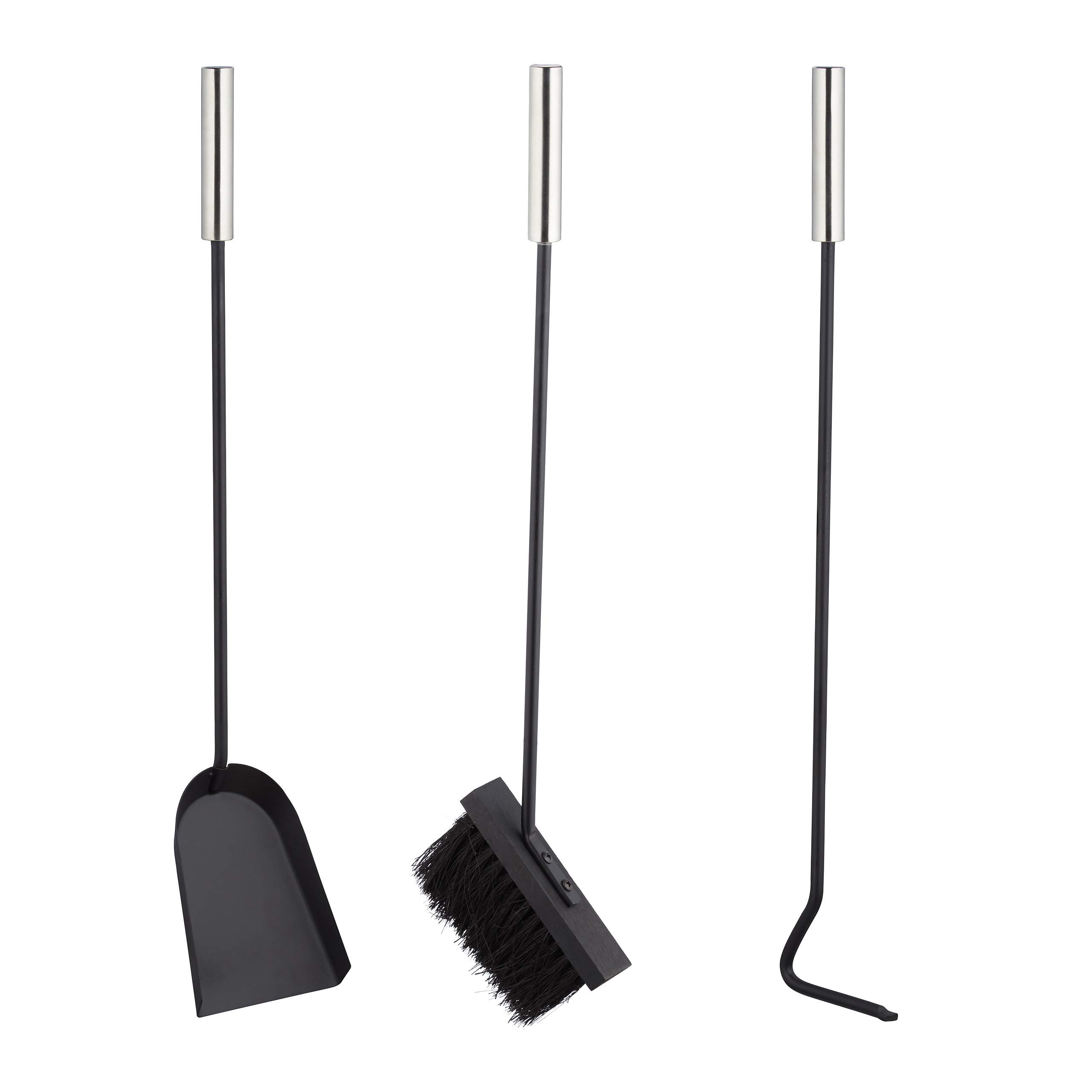 Relaxdays Set da 4 Accessori per Camino e Stufa, Attizzatoio, Paletta, Scopino e Supporto, 59x23,5x16 cm, Moderno, Nero
