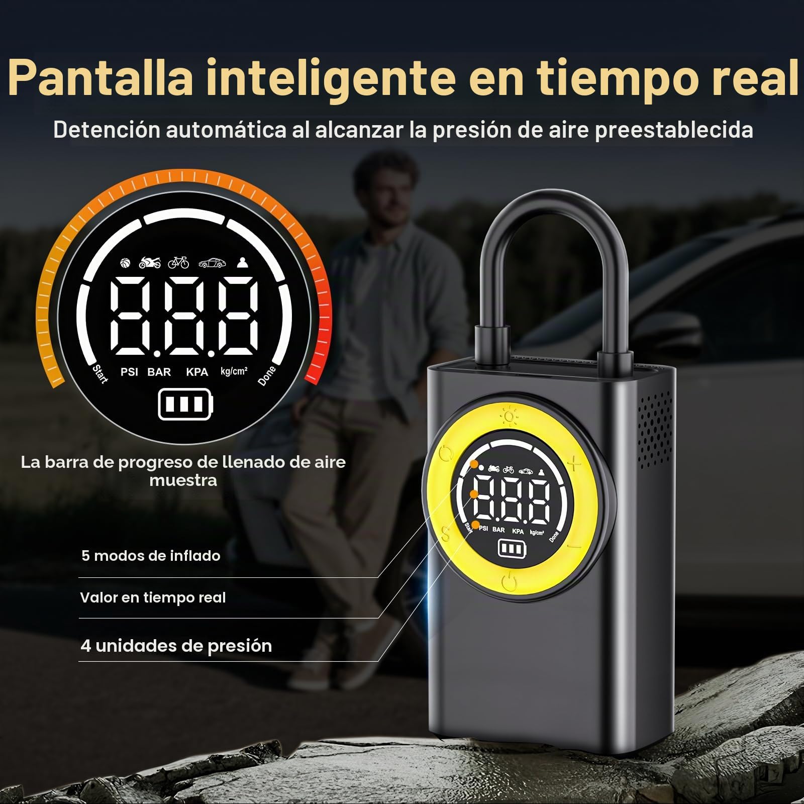 Compresor de aire portátil para neumáticos, bomba de aire inalámbrica de 150 PSI, inflador de neumáticos portátil con medidor de presión digital y luz LED