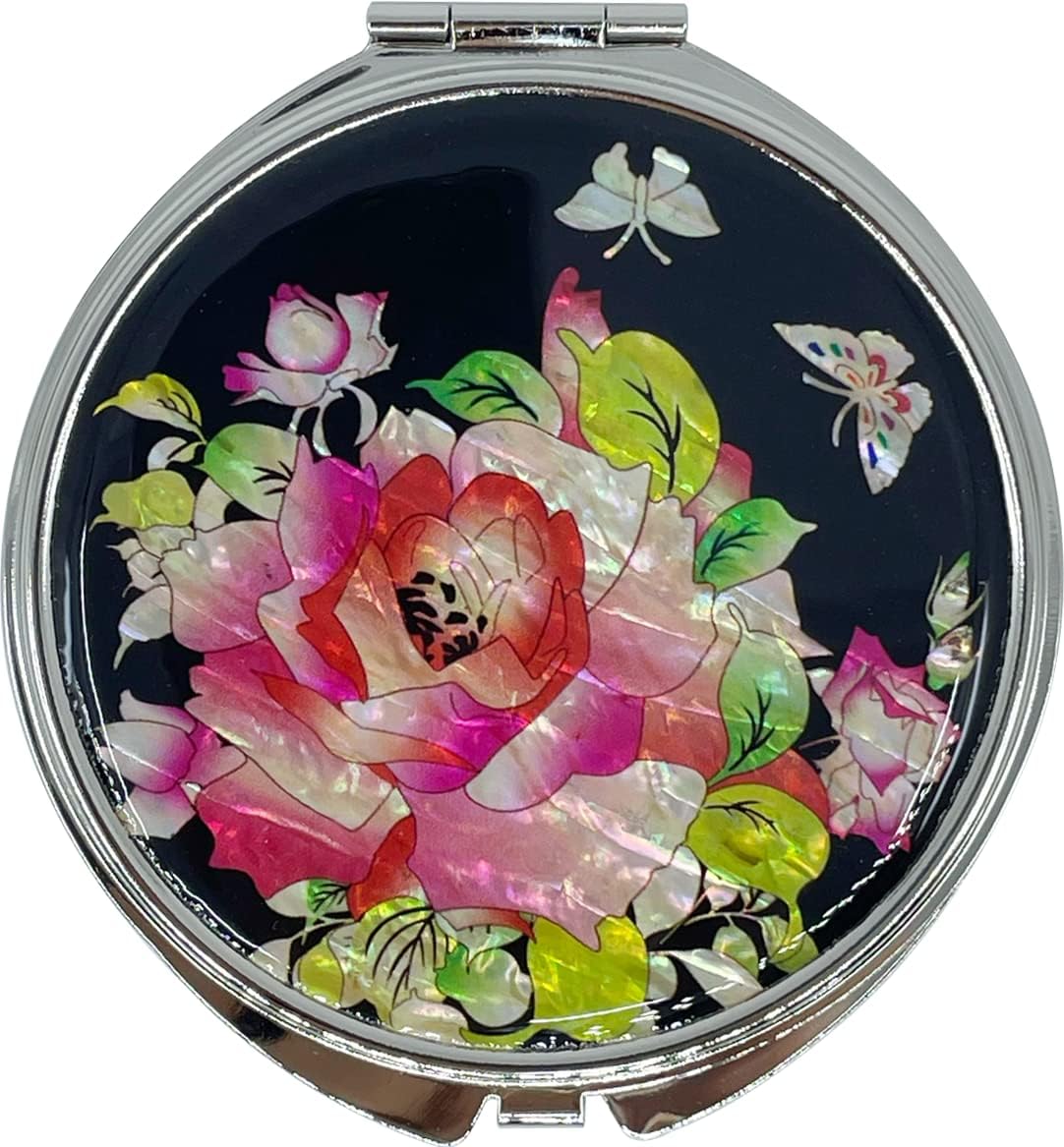 Espejo para maquillaje compacto redondo con aumento, diseño de nácar, color rosa