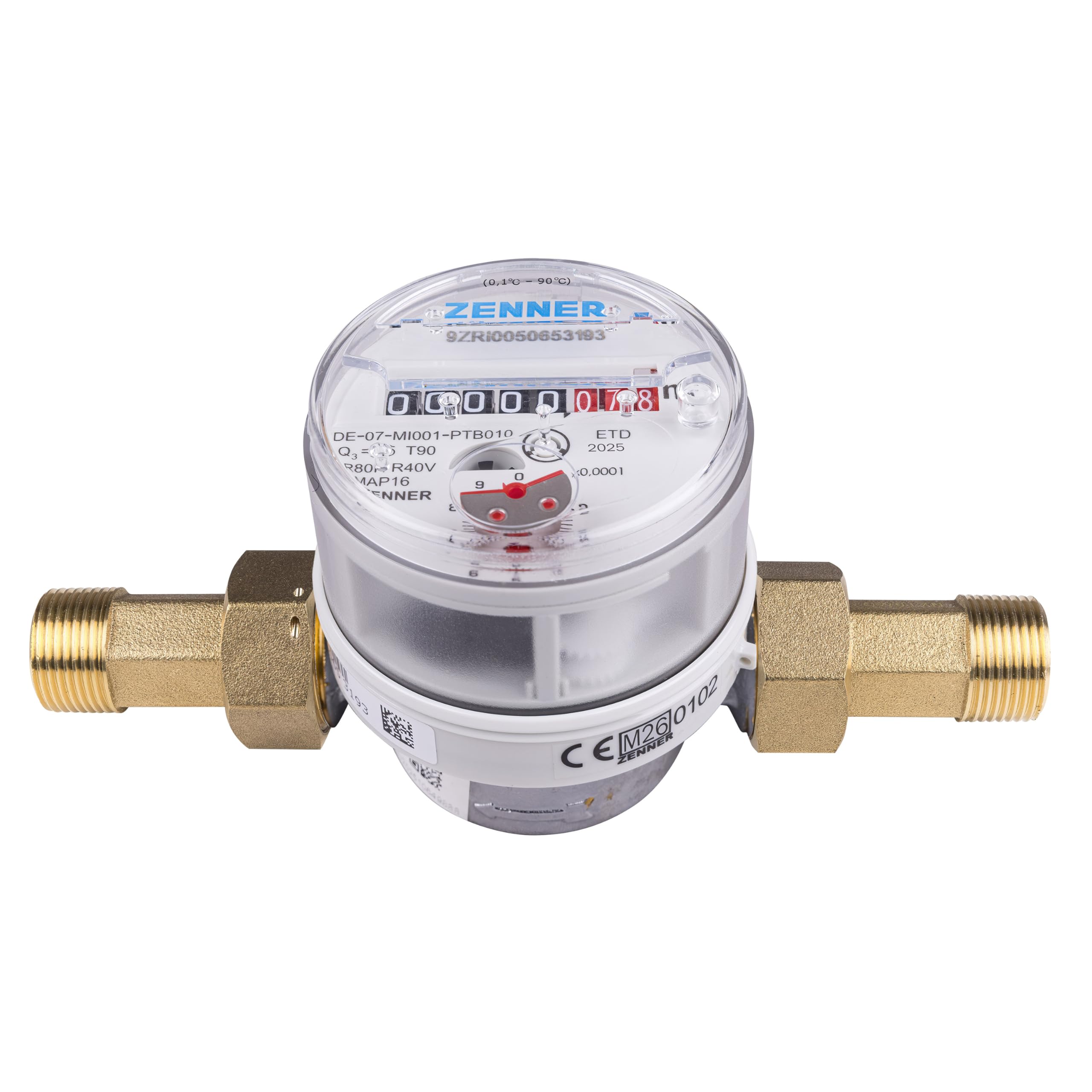 Zenner Compteur d'eau 1/2" eau froide et chaude 80 mm de longueur avec raccord et kit de joints, calibrage 2026