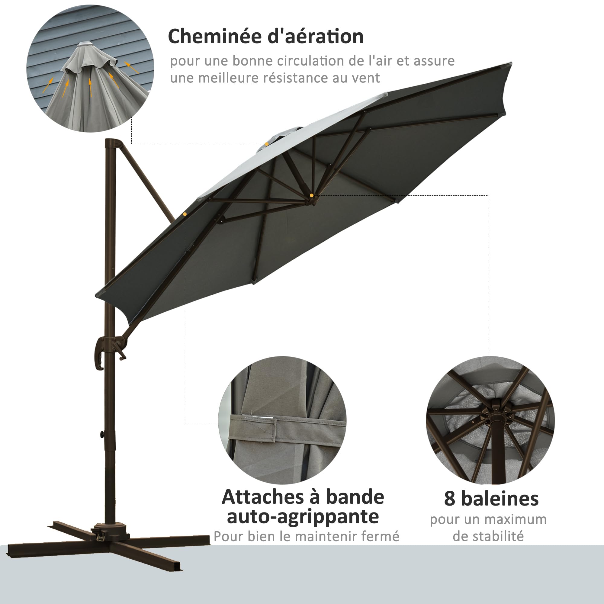Outsunny Ośmiokątny parasol przeciwsłoneczny, obracany parasol 360° z krzyżową podstawą, 8 korbek w zestawie z aluminiową ramą. Ø 3 x 2,5H m