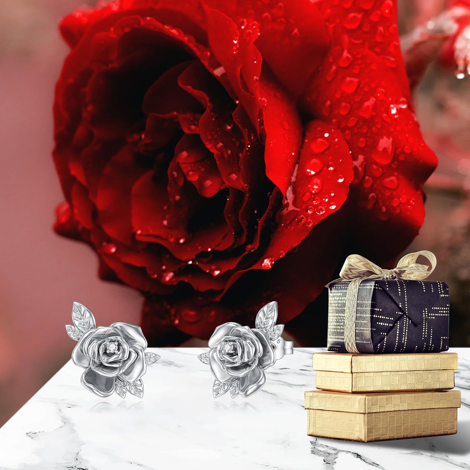 Diamond Rose Stud Earrings for Women 925 Sterling Silver Rose Earrings with Lab Grown Diamond Jewelry Gifts for Mom Wife Girlfriend Daughter Sister Friend - Image 6