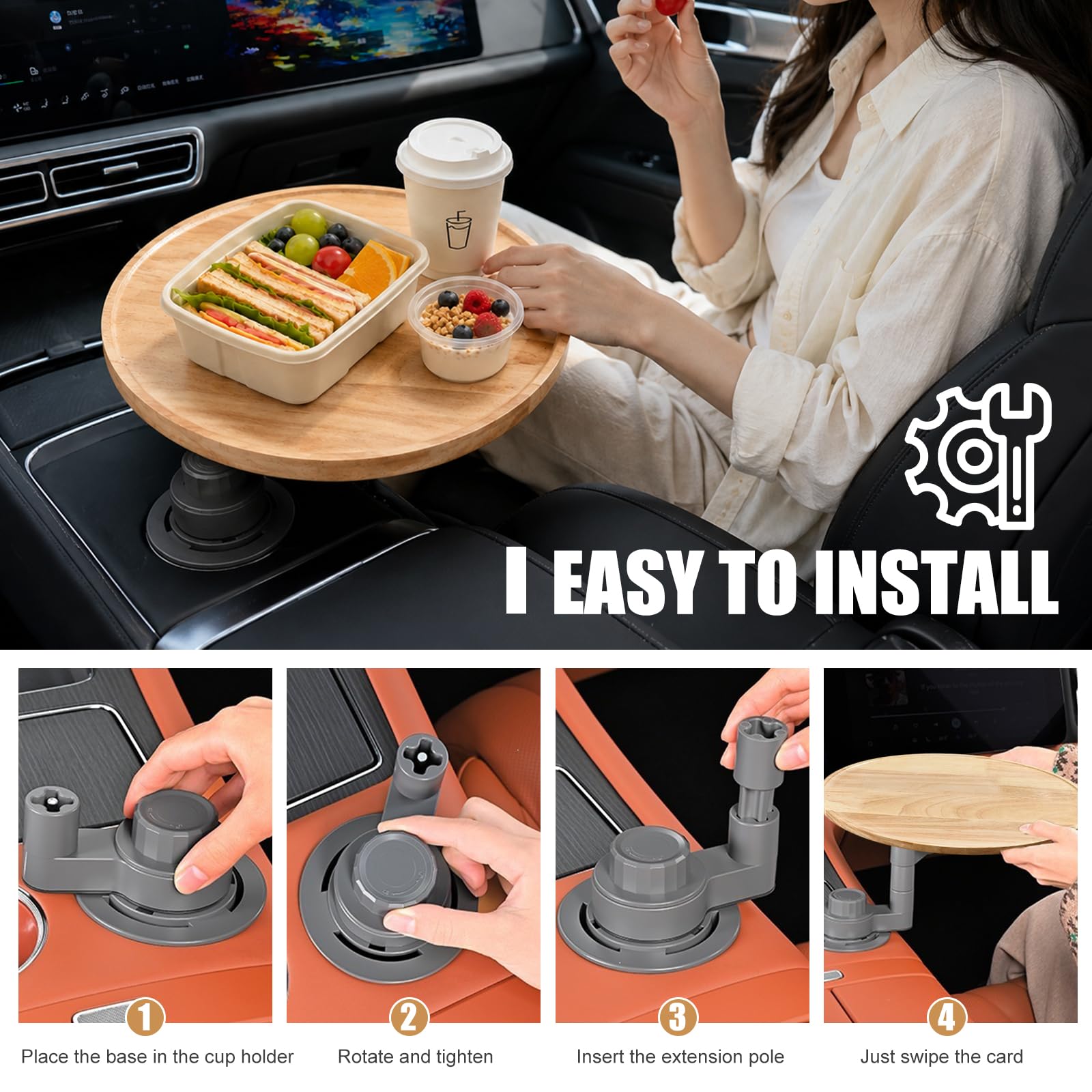 Autotisch aus Massivholz, 360° drehbar, passend für Getränkehalter (6,5–9 cm), 33×28 cm oder Ø33 cm, 1,3 cm dick, mit erhöhtem Rand, für Essen, Arbeit & Make-up im Auto (Ø33 cm)