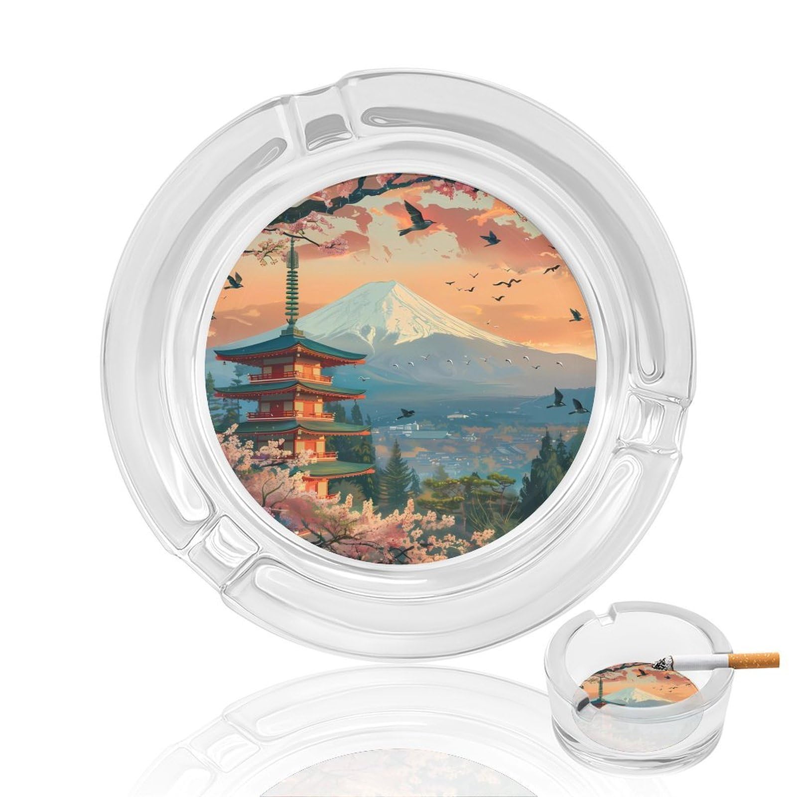 Japanese Temple on Mount Fuji Lake Cherryflower Ashtray Portable Round Glass Outdoor Ash Tray for Home Office Garden Pub