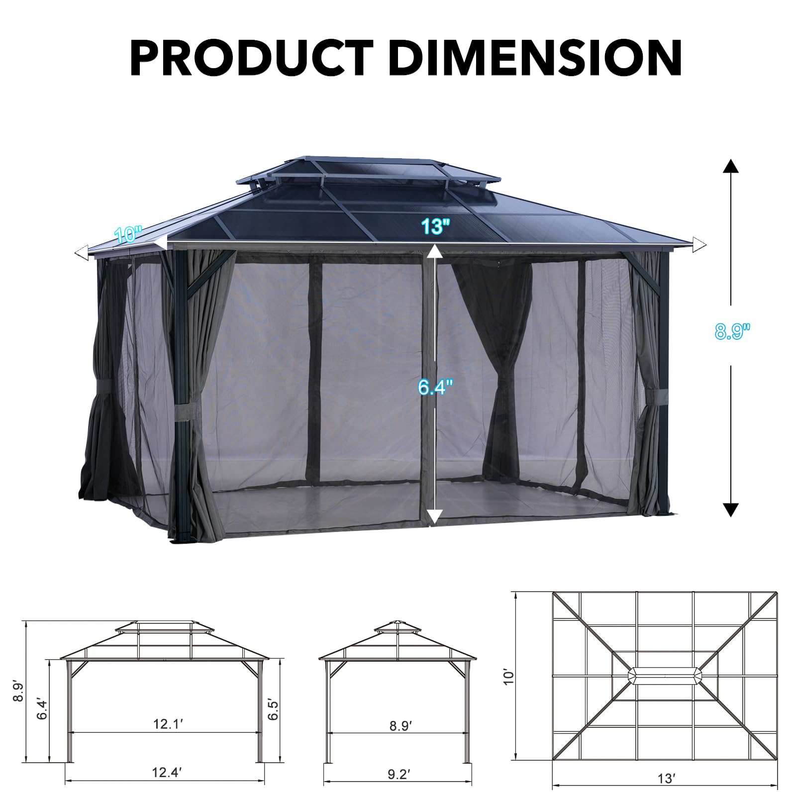 LeDoasis 10' X 13' Hardtop Gazebo, Outdoor Permanent Polycarbonate Double Roof Canopy with Breathable Netting & Privacy Curtain for Patio Backyard Garden Lawn Party