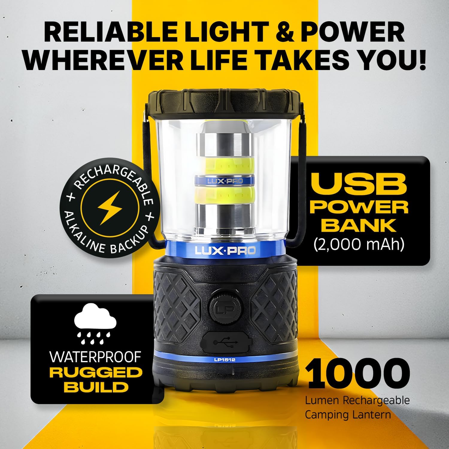 LUXPRO Rechargeable Dual-Power 1100 Lumen LED Lantern for Up to 150 Hours of Use - Camping Lantern with Built-in Power Bank - Dimmable LED Light with IPX4 Water-Resistant Rating (Camping Lantern) - Image 2