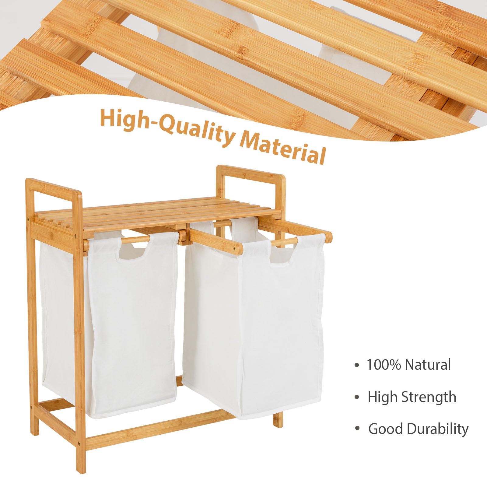 Cesto Portabiancheria In Bambù Con 2 Scomparti Estraibili - 64x33x73cm, Grigio, Salvaspazio Per Bagno - Foto 4