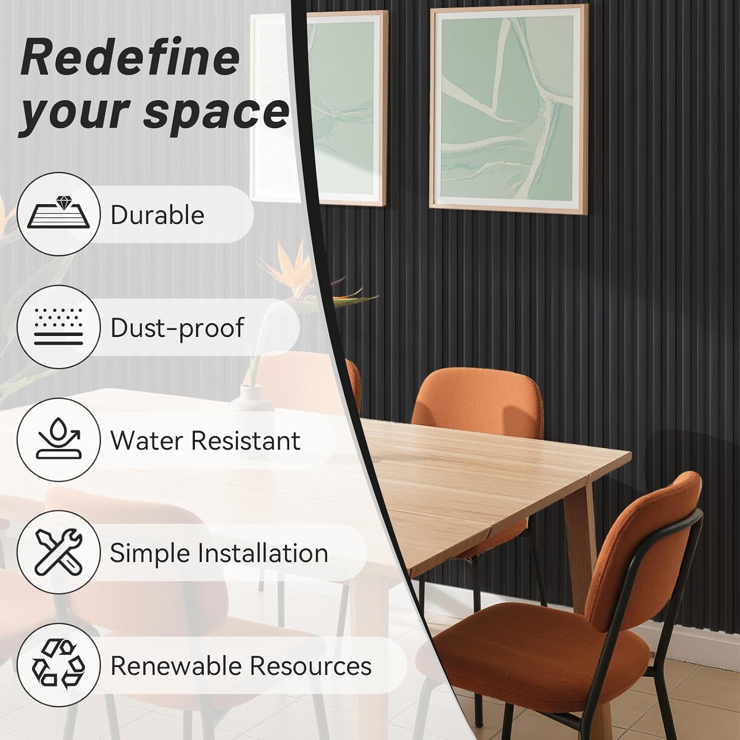 WPC Slat Wall Paneling, 8-Pack 3D Wall Panels for Interior Wall Decor, TV Background, Living Room, 94.5 x 6 in Matte Black