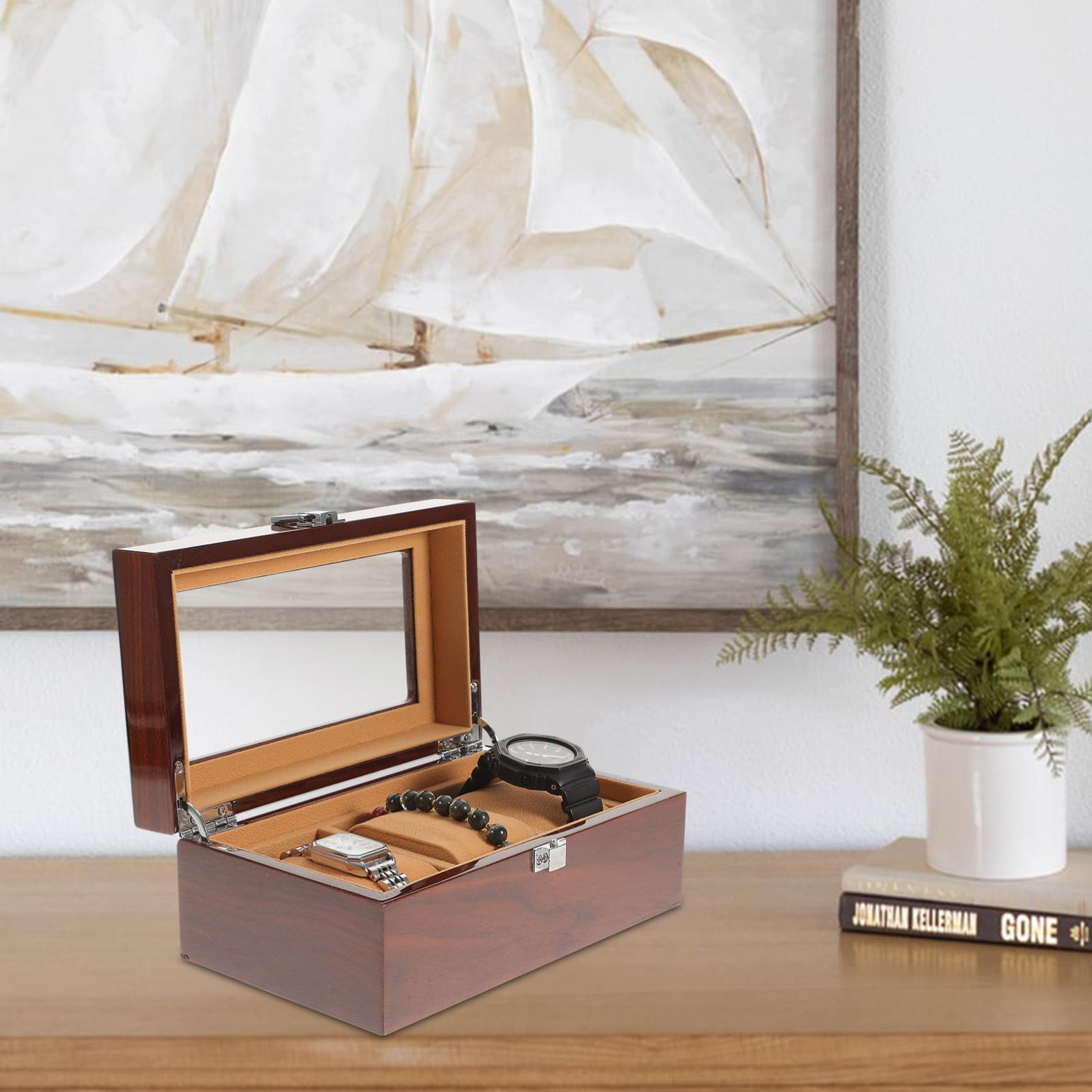 TEHAUX Scatola Portaorologi in Legno Laccato Scomparti con Serratura Organizer Orologi e Gioielli Raffinata con Trasparente Custodia di Qualità per Esposizione e Regalo