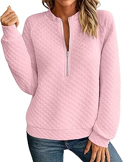Womens Half Zip Up Quilted Sweatshirt Lightweight Stand Collar Long Sleeve Shirt Top Loose Trendy Textured Pullover Tops