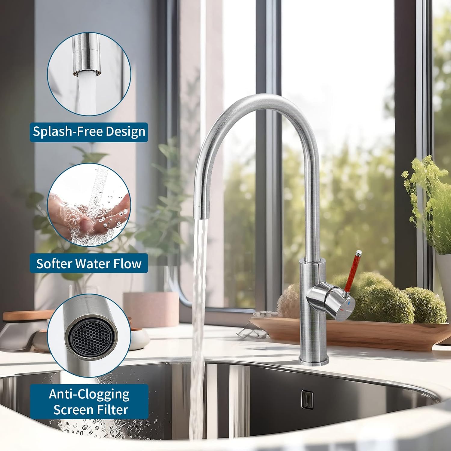 Achelous Single Handle Kitchen Sink Faucet, Brushed Nickel Wet Bar Sink Faucet Stainless Steel Single Hole, 360 Swivel Bar Tap for Farmhouse RV Camper Outdoor Utility Bathroom