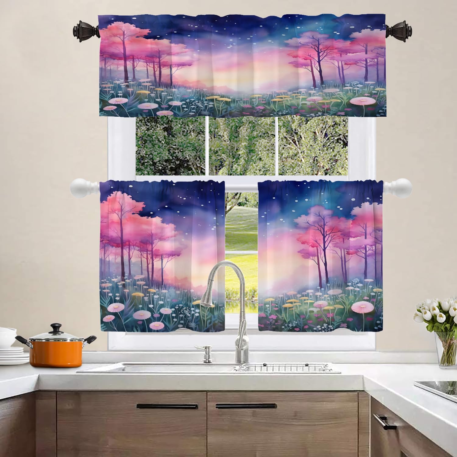 Shrahala Forest Flowers Stars Kitchen Valances, A Magical Forest Scene Half Window Curtain Window Treatment Multilayer Polyester Blackout for Living Room Bathroom 2 Pack 52 x 18 in