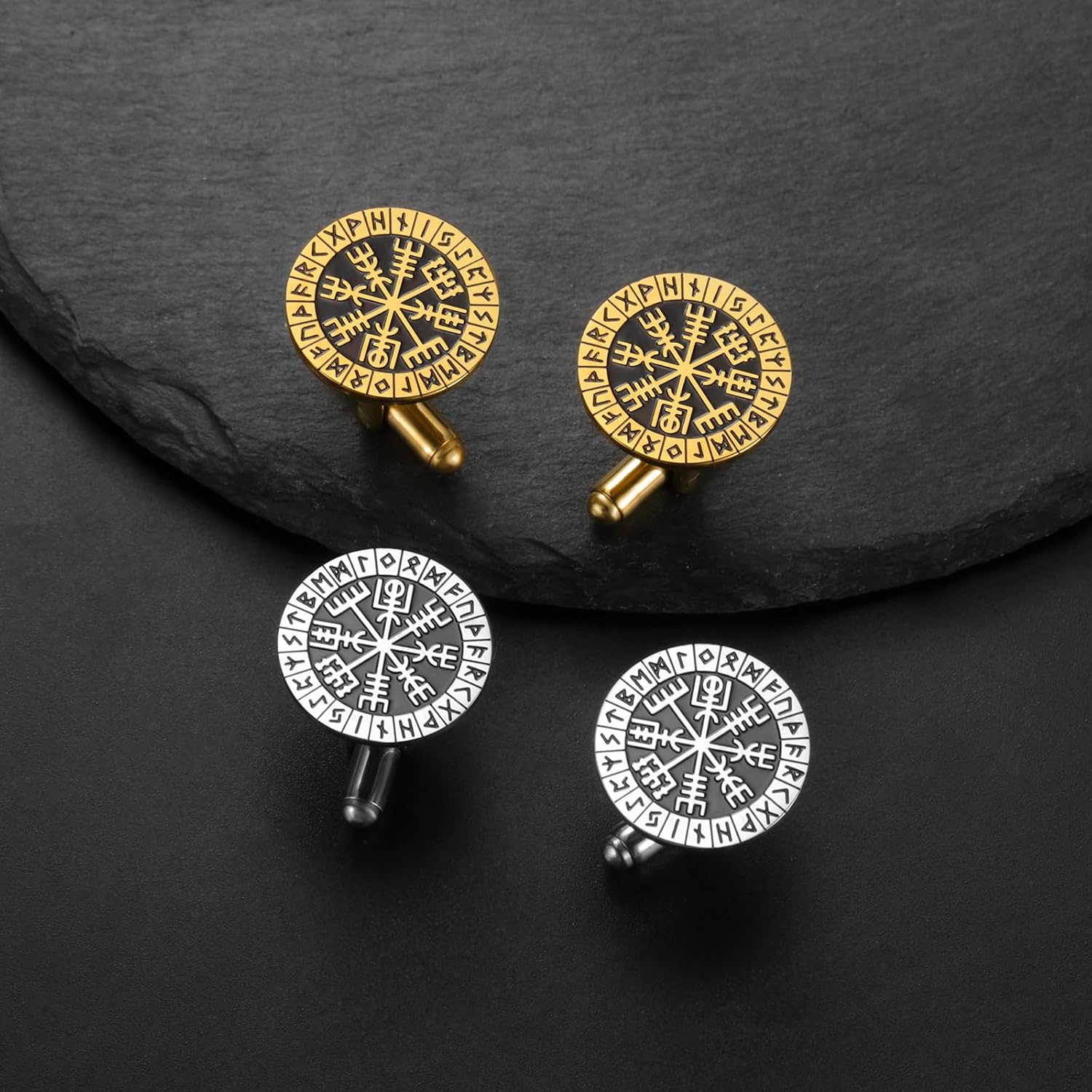 Mens Cufflinks, Norse Viking Tuxedo Cuff Links, Stainless Steel Viking Compass Vegvisir Rune Shirt Studs Mythology Jewelry Gift for Business Wedding