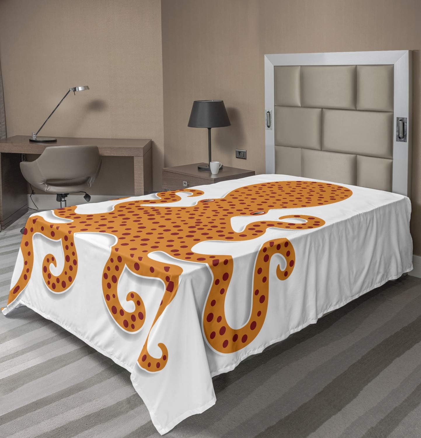 Ambesonne Kraken Flat Sheet, Spotty Octopus Pattern in Vivid Colors Marine Monster Theme Print, Soft Comfortable Top Sheet Decorative Bedding 1 Piece, Queen Size, Orange