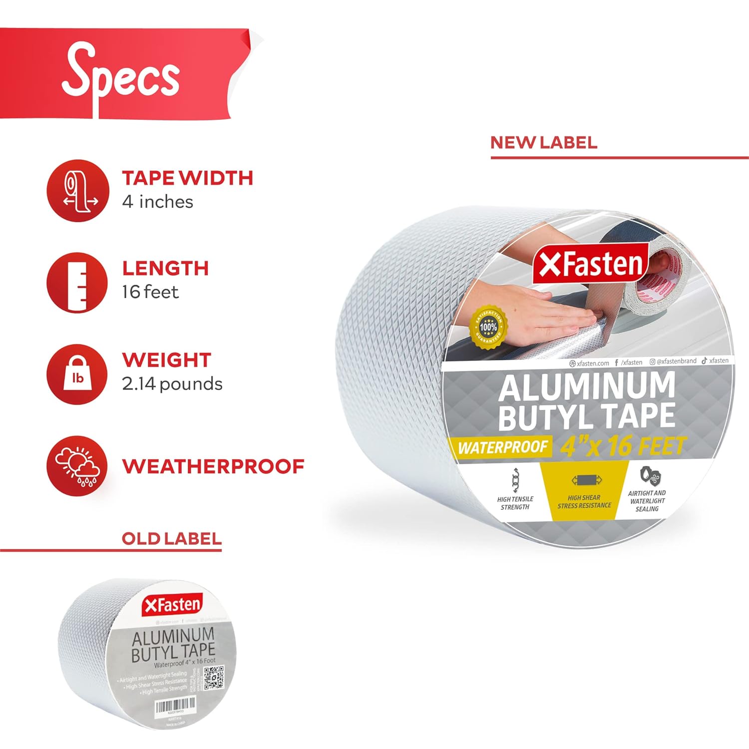 XFasten Super Waterproof Aluminum Butyl Tape, 4-Inch x 16-Foot, Aluminum Foil Tape with Butyl Rubber Adhesive for Window and Metal Roof Flashing, Patching and Gutter Leak Repair (Pack of 2)