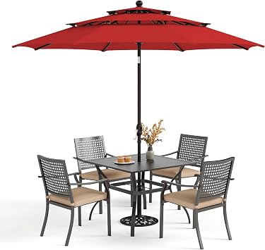 PHI VILLA Outdoor Table Chairs Set w/Umbrella, 5pc Patio Metal Furniture | 37" wrought iron square table & stackable chairs for 4. 10ft red umbrella. Dining set for deck, porch, backyard.