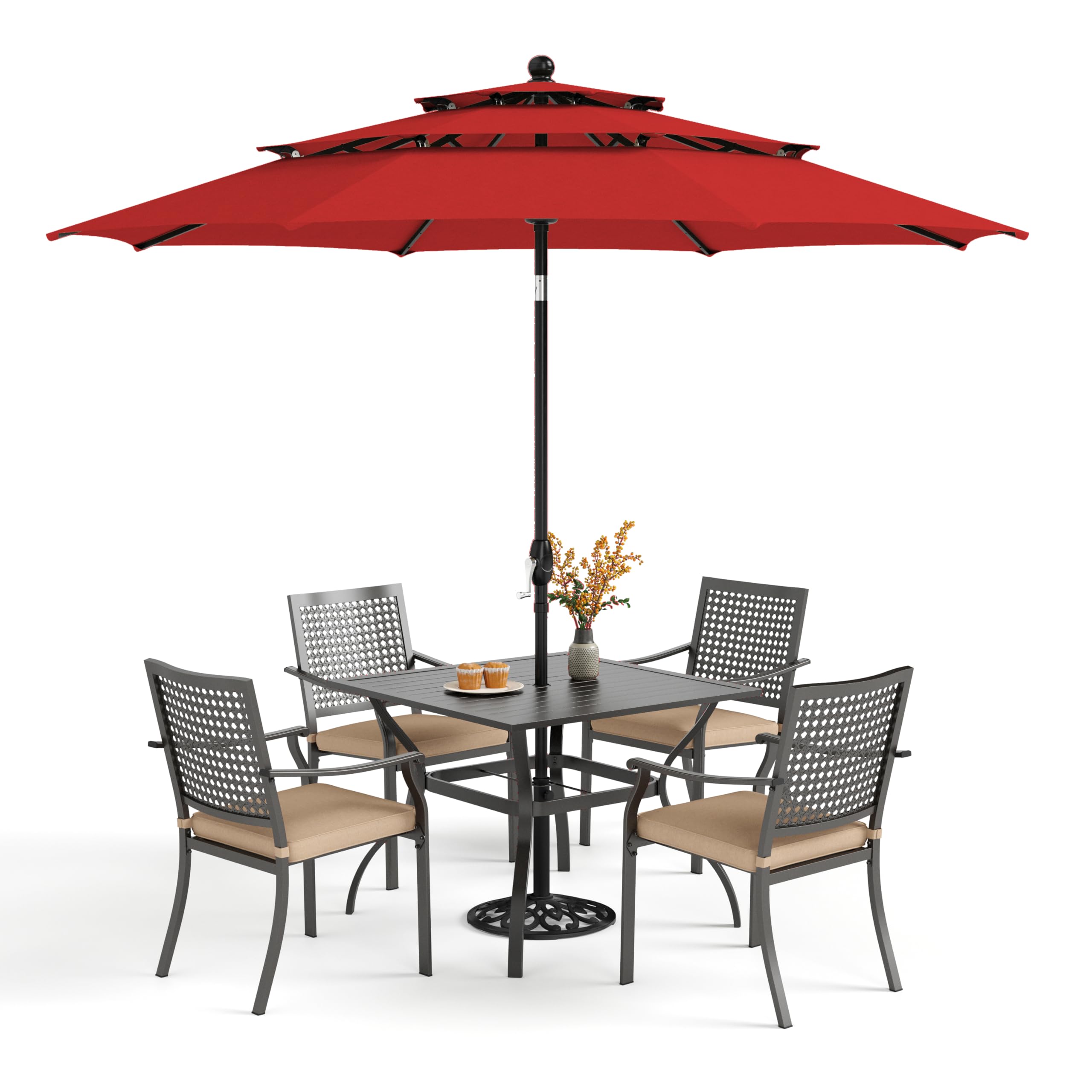 PHI VILLA 5 Pieces Outdoor Dining Set for 4 with 10ft Umbrella, 37" Metal Square Table & Stackable Wrought Iron Chair with Cushions & Red Umbrella,