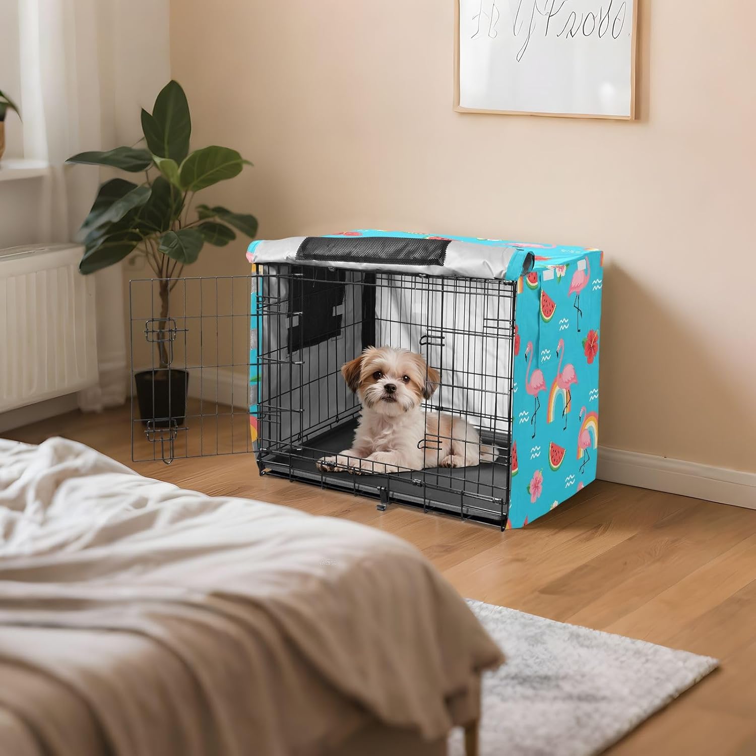 Flamingos Watermelon Slices Dog Crate Cover 600D Oxford Pet Kennel Cover with Mesh Window for Dog Cages, Windproof Waterproof Machine Washable, 48"x30"x33"