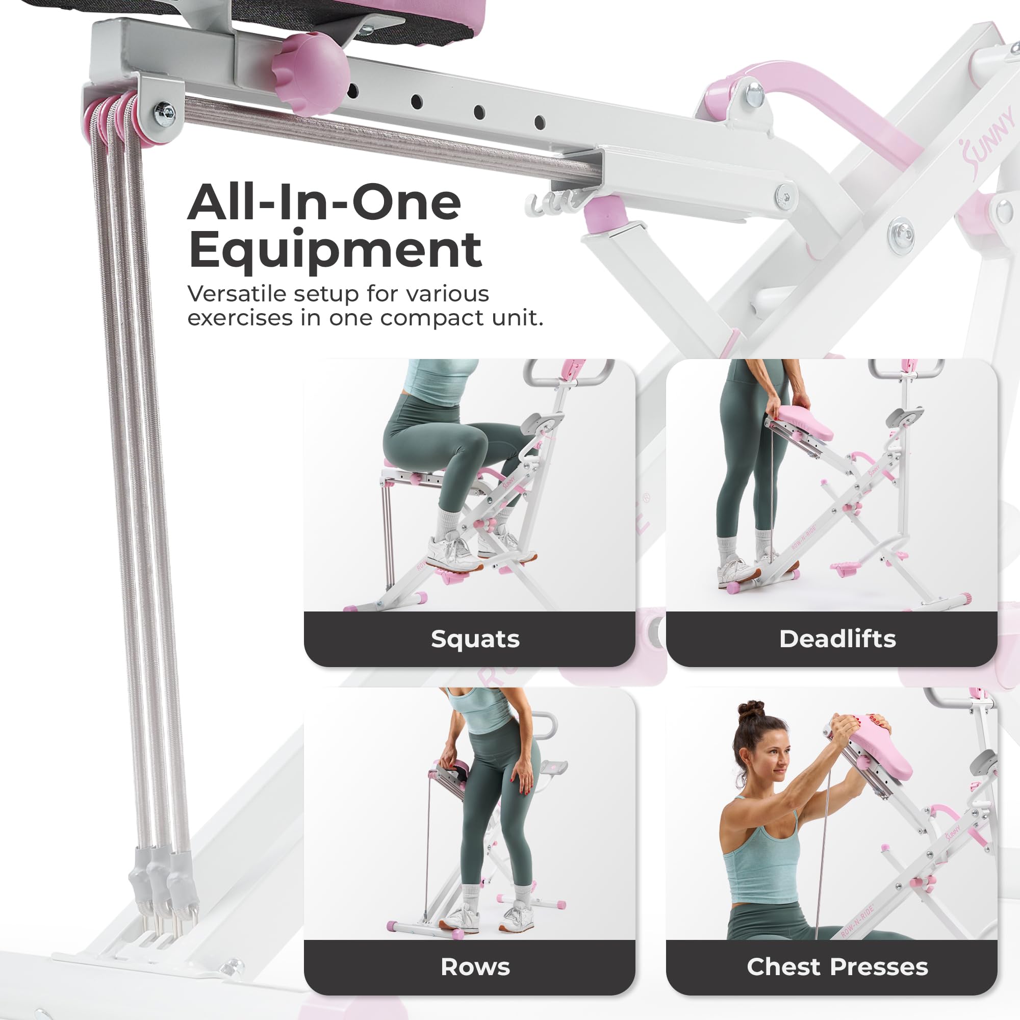 Sunny Health & Fitness Row-N-Ride Squat Assist Trainer dla pośladków i treningu cardio całego ciała z regulowanym oporem, opcjonalny pełny ruch i inteligentna funkcja z bezpłatną łącznością z