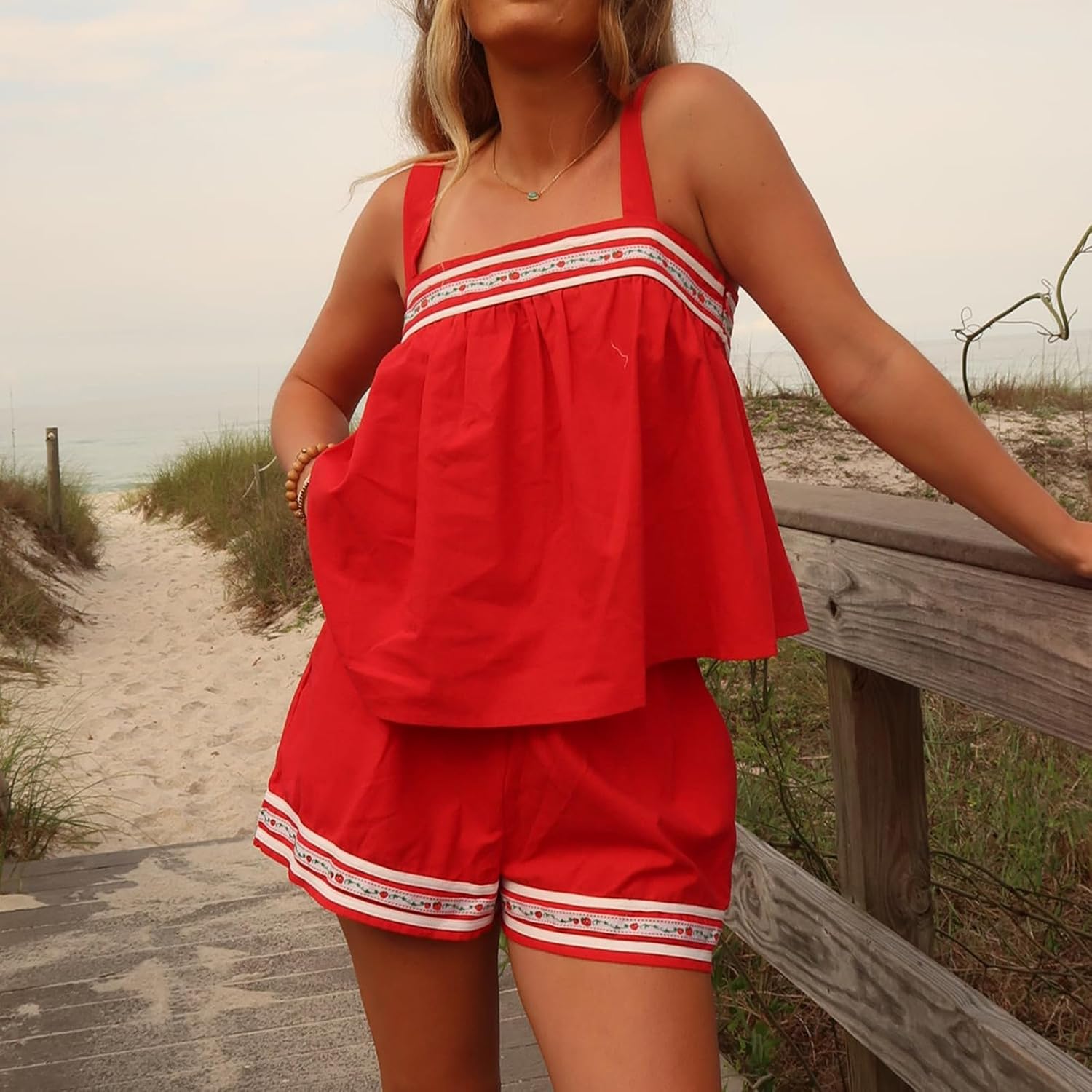 Women 2pcs Shorts Outfit Sleeveless Embroidery Ruffle Hem Backless Crop Top Elastic Waist Shorts Set with Pocket - Image 3