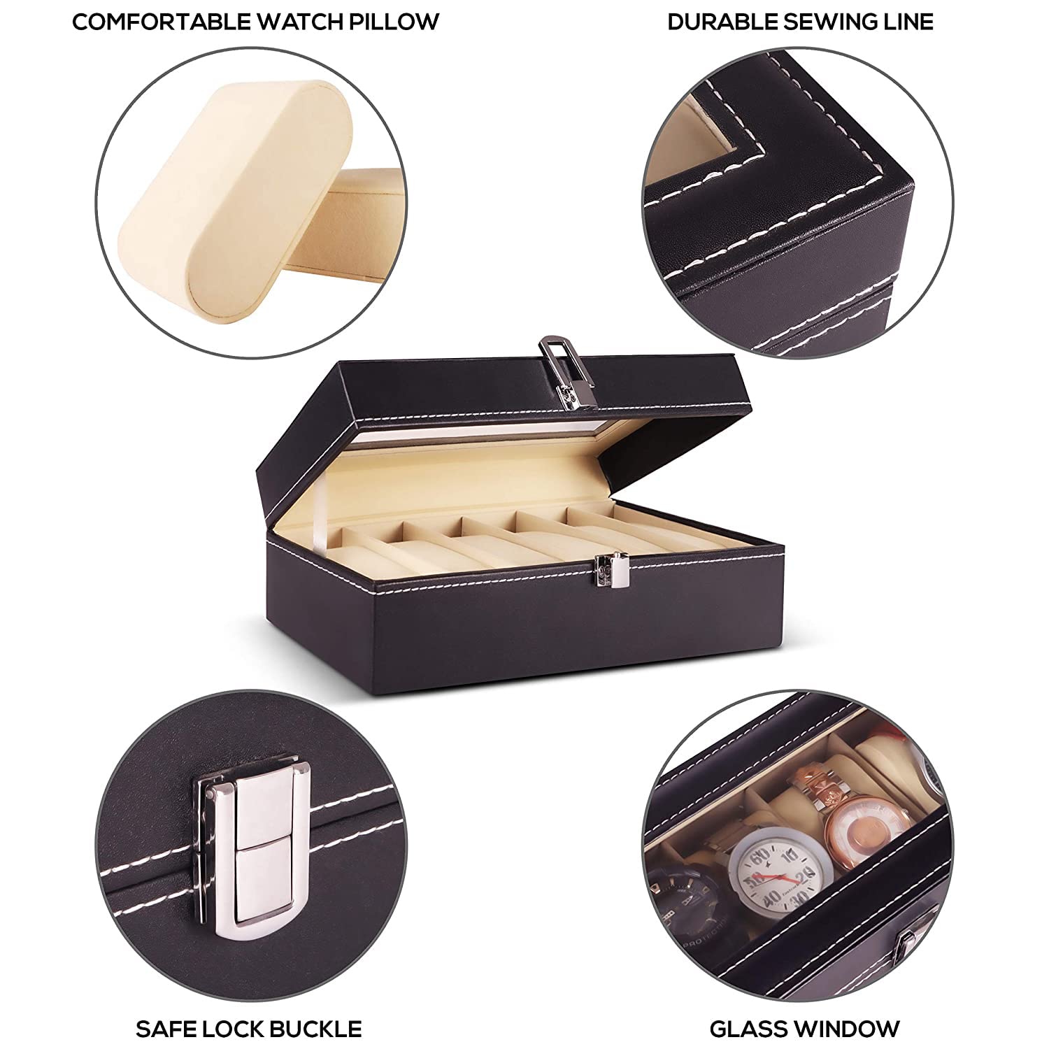 ABOUT SPACE Watch Box - PU Leather Watch Organizer for Men & Jewellery Box for Women with Press Lock & Key, 8 Removable Watch Slots, 8 Ring Slots & Compartment with Lid (Black - L 30 x B 20 x H 20 cm) 3
