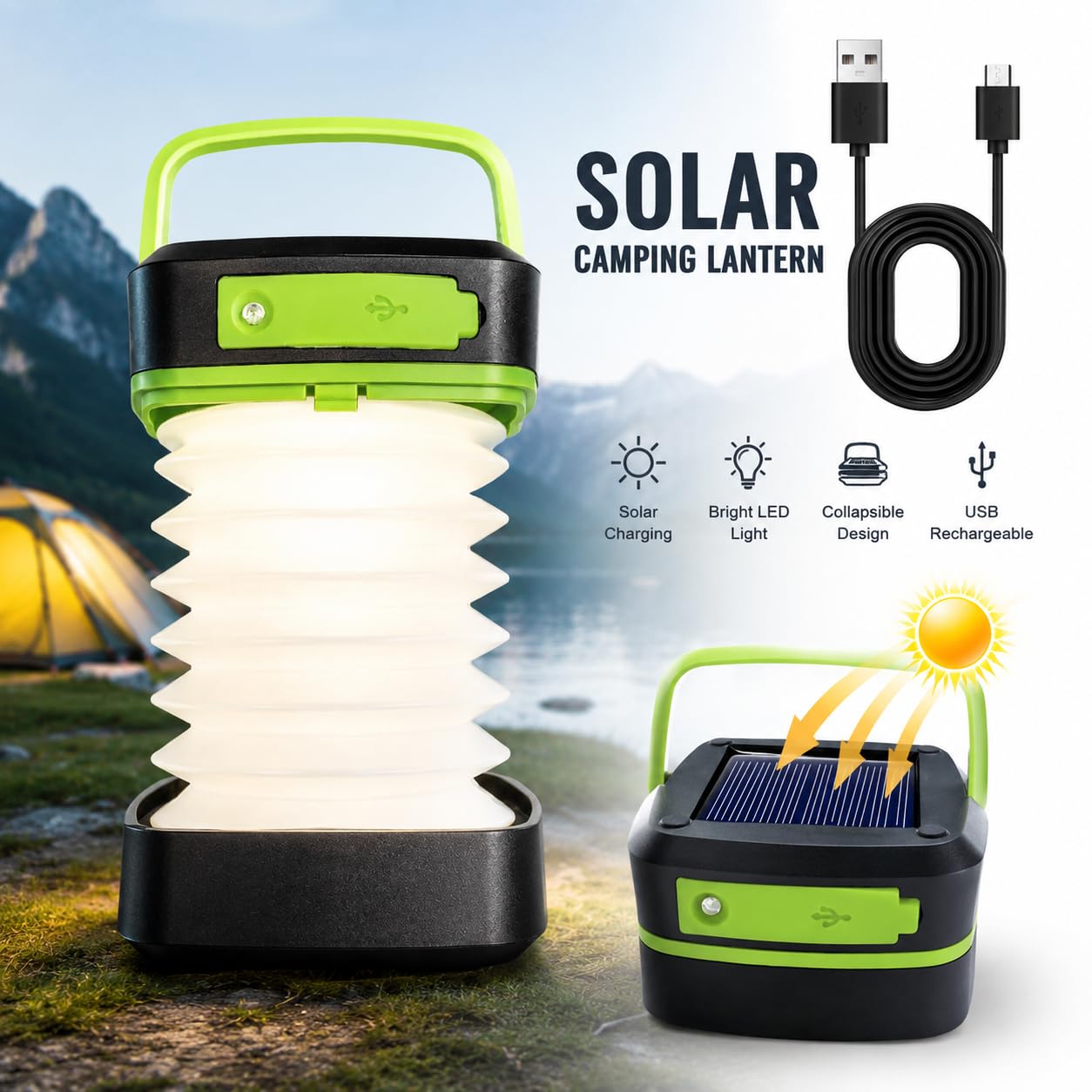 Lampa kempingowa LED, składana, solarna latarnia kempingowa, z 2 metodami ładowania (solarna/USB) i 3 trybami świecenia, na kemping, do wędkowania, w sytuacjach awaryjnych (zielona)
