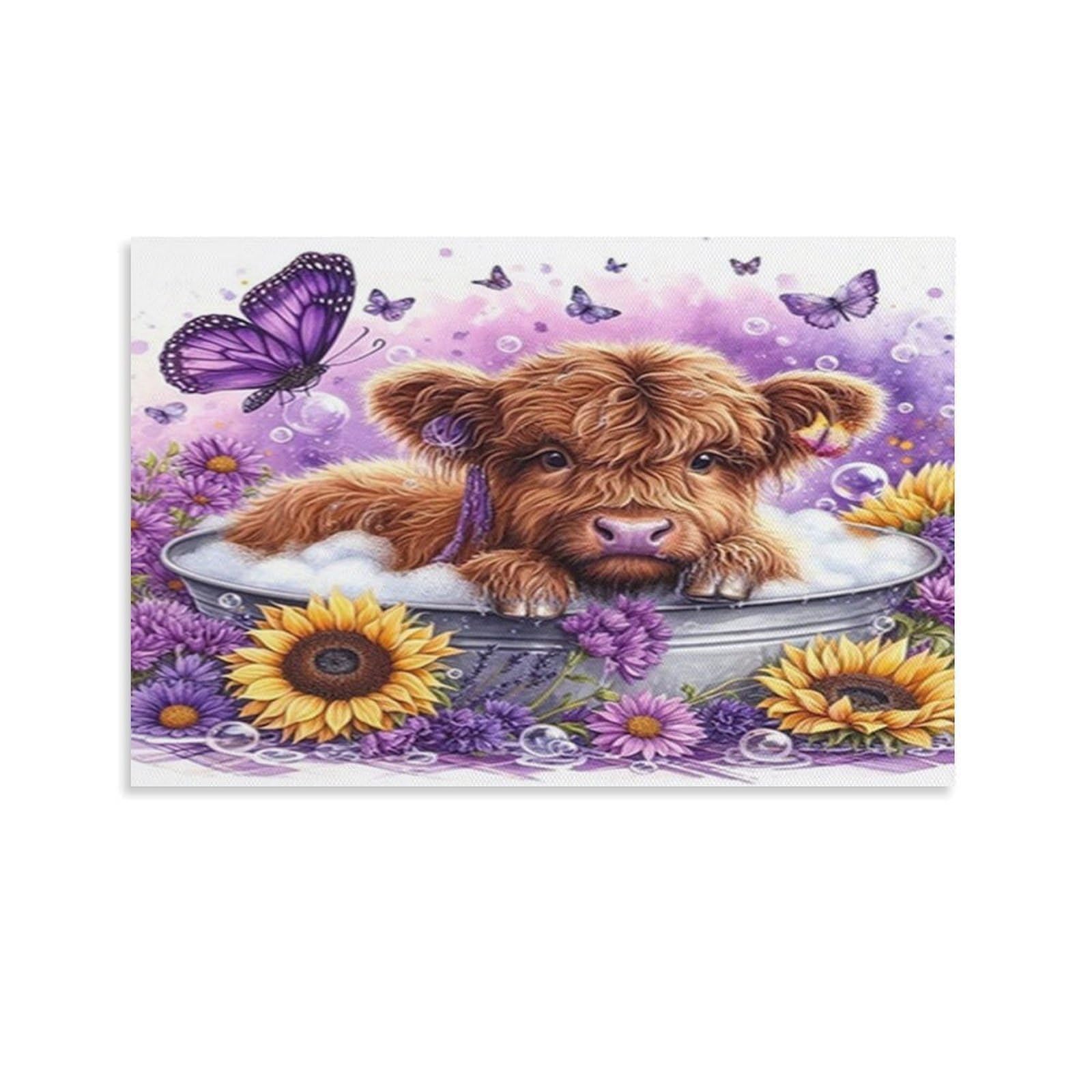 CPLVKWRQJ Cute Calf Bath Scene Individual Highland Cow Tub Sunflower Butterfly Framed Canvas Art - Living Room Focal Point Fade Resistant Gallery Wall Decor 20x30inch(50x75cm)