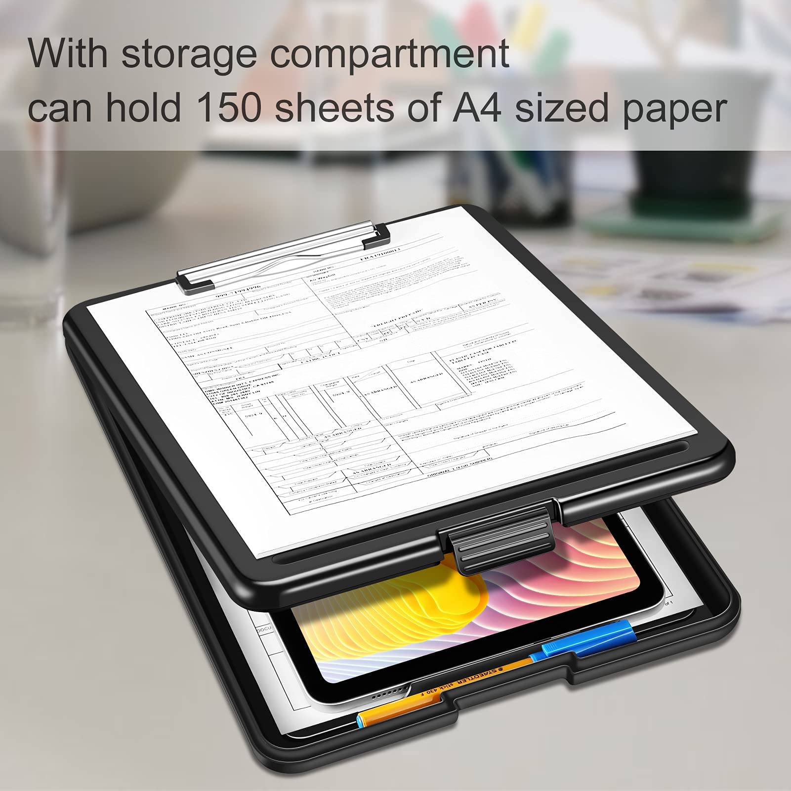 SITHON Portapapeles de Plastico con Almacenamiento, Porta Papeles Clipboard para Enfermeras Estudiantes Profesores, Carpeta con Pinza A4 para Escuela Hogar Oficina Plegar Portapape, (Negro)