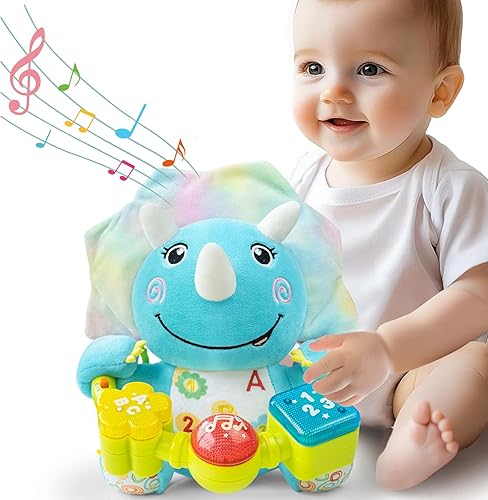 Juguetes de peluche de dinosaurio musical bilingüe para bebés, juguete de aprendizaje temprano con música iluminada y arrugado, juguetes para el