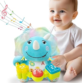 Ryotagift Baby Bilingual Musical Dinosaur Stuffed Animals Toys,Infant Early Learning Toy with Light-Up Music & Crinkle,Tummy Time Toys for 0 3 6 9 12+ Months for Baby Boy Girl Gift