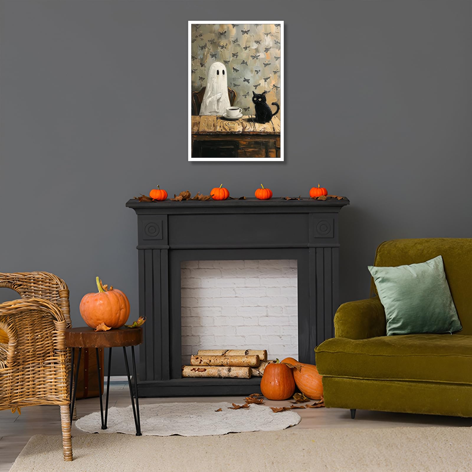 Wodkodnxy Toile Murale D'Halloween Fantôme, Fantômes Mignons Tenant Une Fleur, Affiche Académie Sombre, Décoration De Chambre Esthétique, Art Gothique Pour Chambre à Coucher, Salon, 61 X 91,4 Cm, Sans