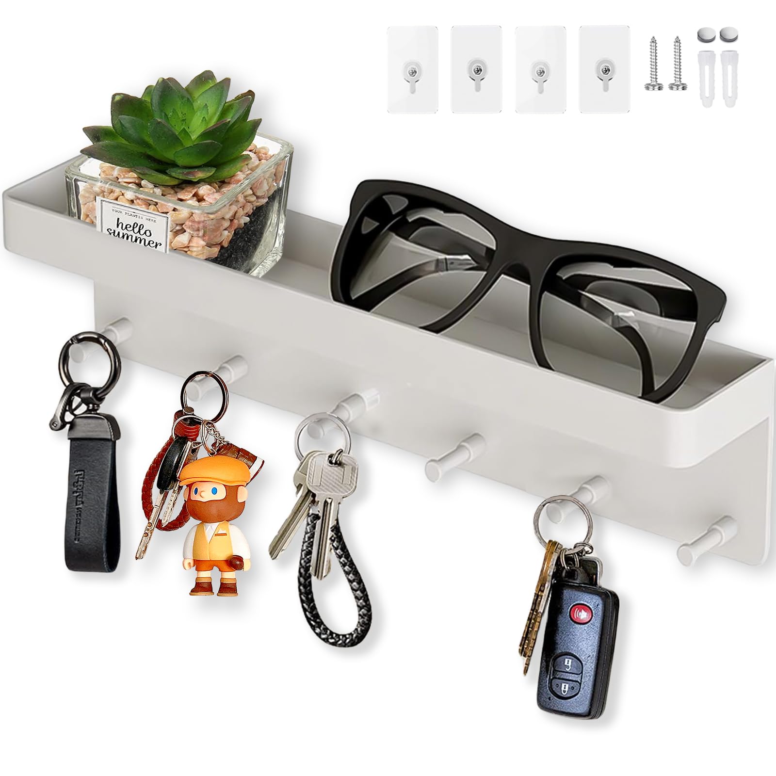 Echehi 6I White 6 Hooks Key Holder For Wall, 2 Ways Easy To Install Key And Mail Holder，Key Hooks Wall Mounted For Entrance Area, Hallway, Office. White
