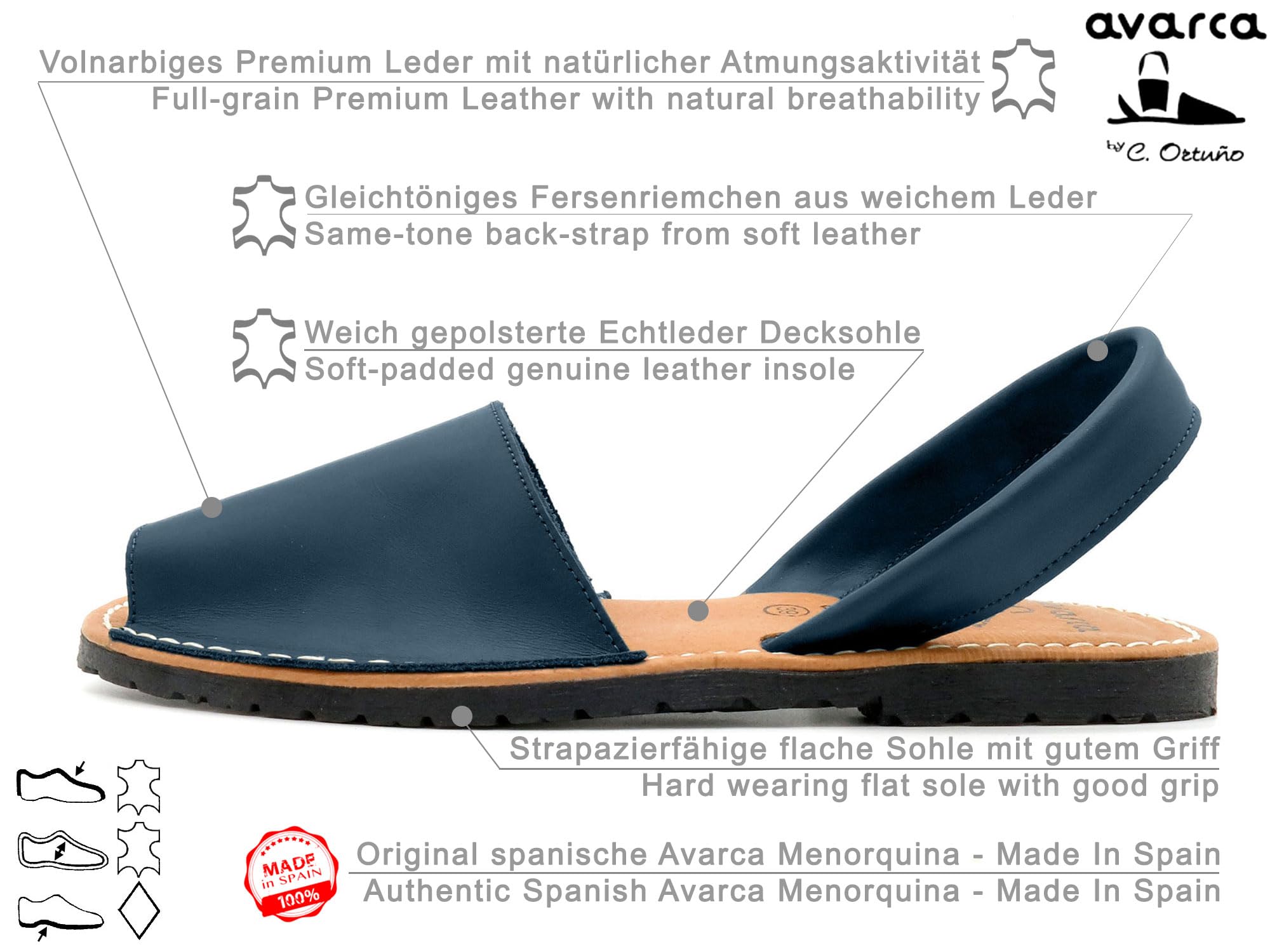 Avarca Damen Avarcas Sandalen aus Echtleder handgefertigt in Spanien gepolsterte Leder Decksohle & Fersenriemchen navy dunkel-blau 38