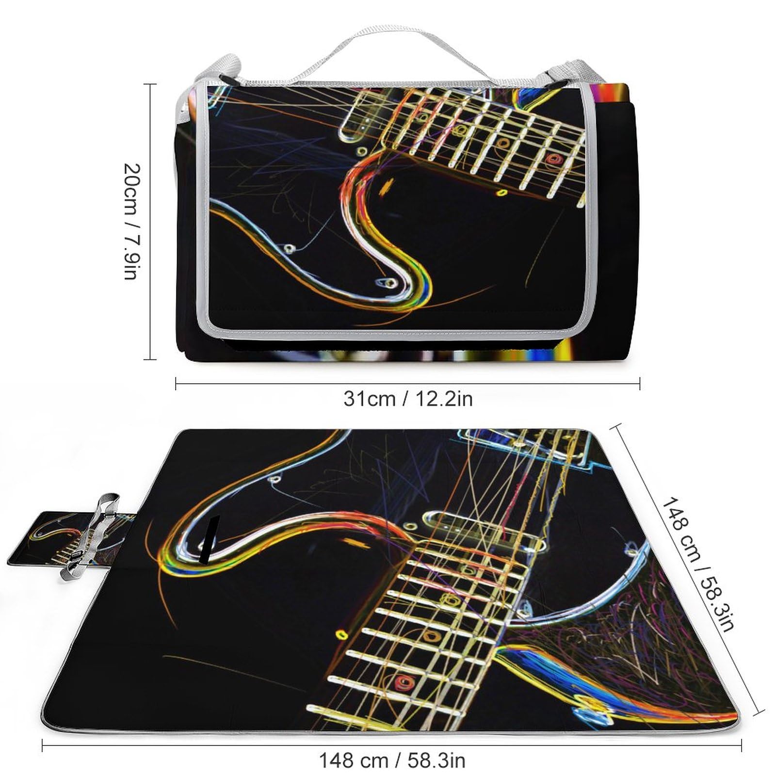 Color Electric-Guitar Picnic Blanket Waterproof Foldable, Large Outdoor Picnic Blanket Beach Blankets Camping Blanket Travel Mat, Shoulder Strap Tote, Rectangle 58x58in
