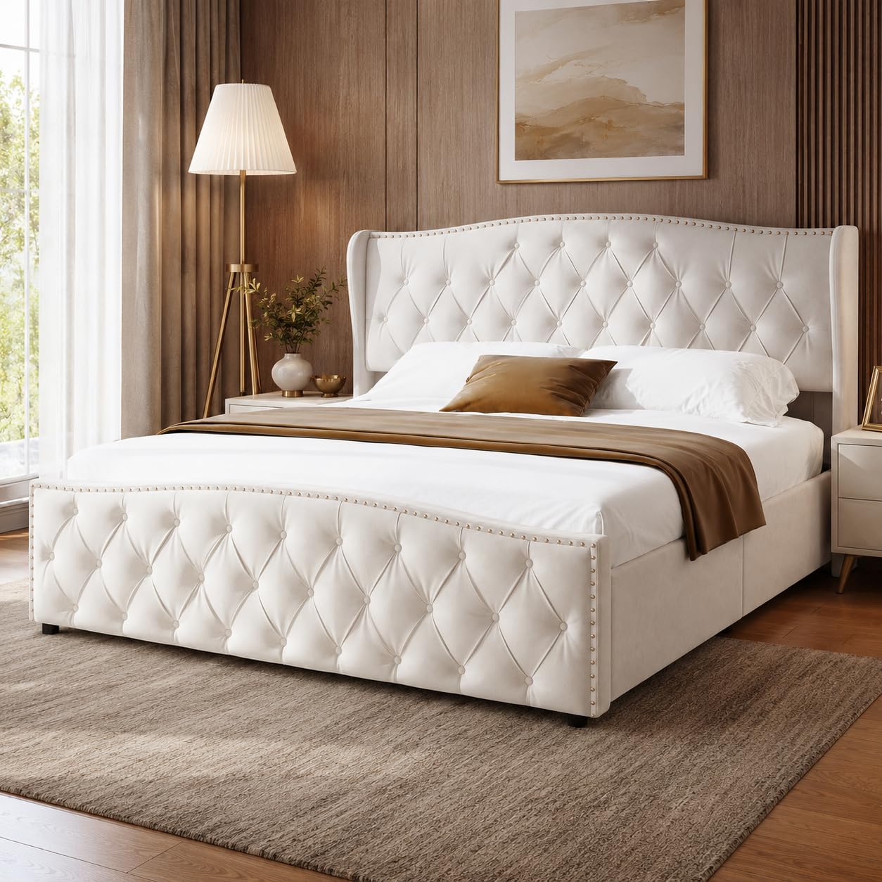 Letto Matrimoniale Imbottito 160 x 200 cm, Sistema di Vano Contenitore Idraulico, Doghe in Legno, Funzionale, Bianco Crema
