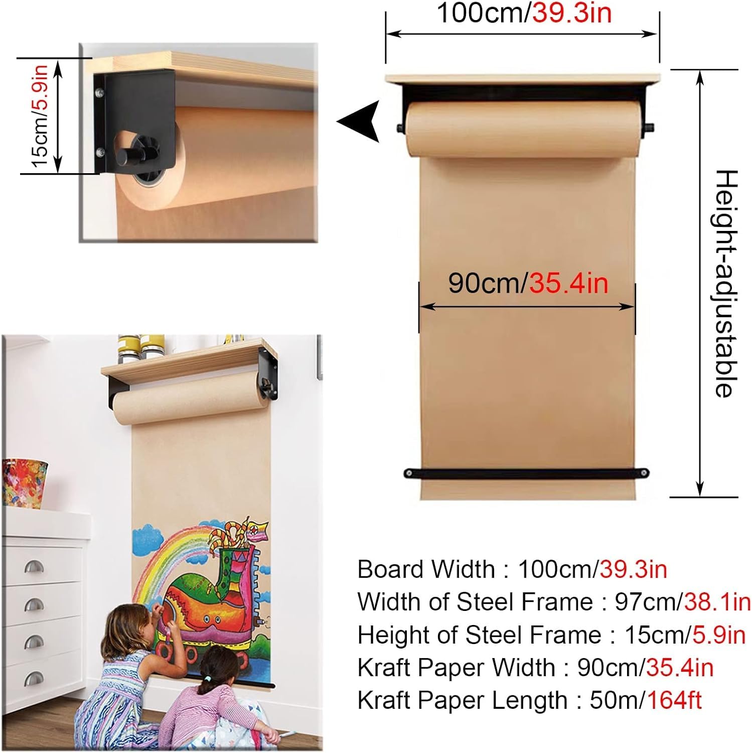 Dozownik papieru rzeźnickiego montowany na ścianie, Dozownik i obcinak do papieru pakowego montażu na ścianie, 50 m, różne rozmiary(100cm/39.3in Wide)