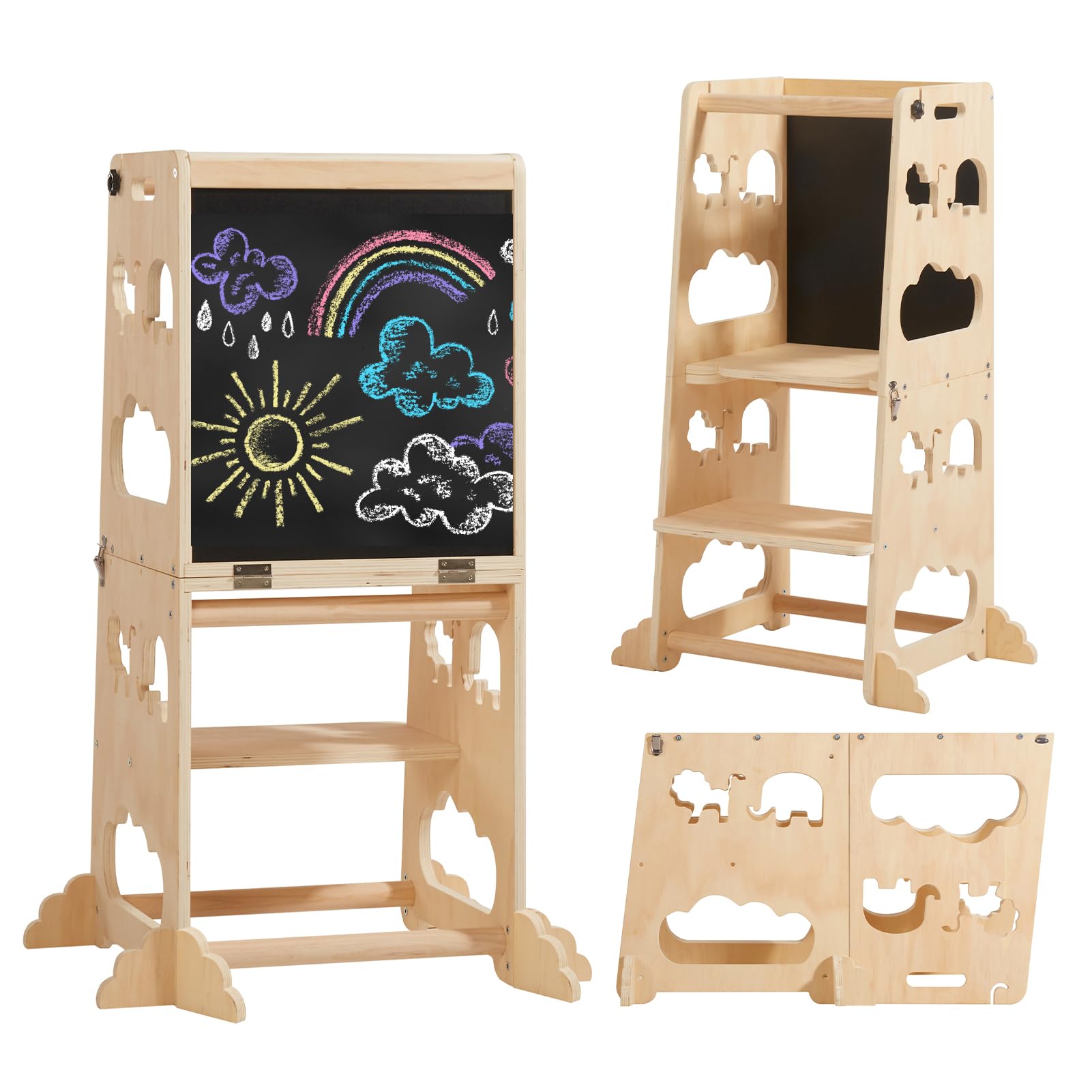 HIGOGOGO 4-in-1 Toddler Tower - Foldable Wooden Kitchen Step Stool Helper - Removable Study Tower with Safty Rail & Blackboard for 1-3 Kids