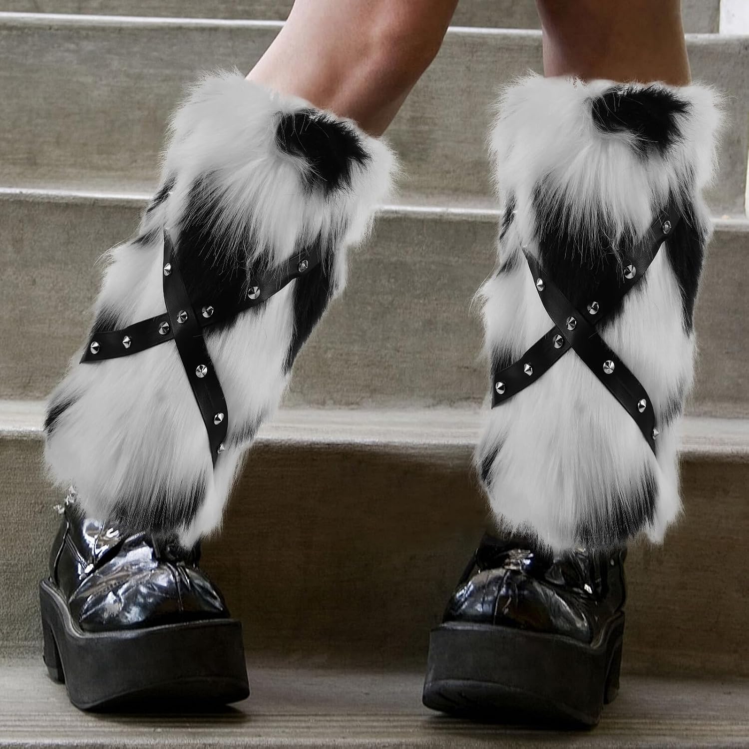 Cow Print Studded Faux Fur Leg Warmers Boot for Women Winter Cozy Plush Short Fuzzy Socks Warm Accessories for Halloween Christmas Cosplay