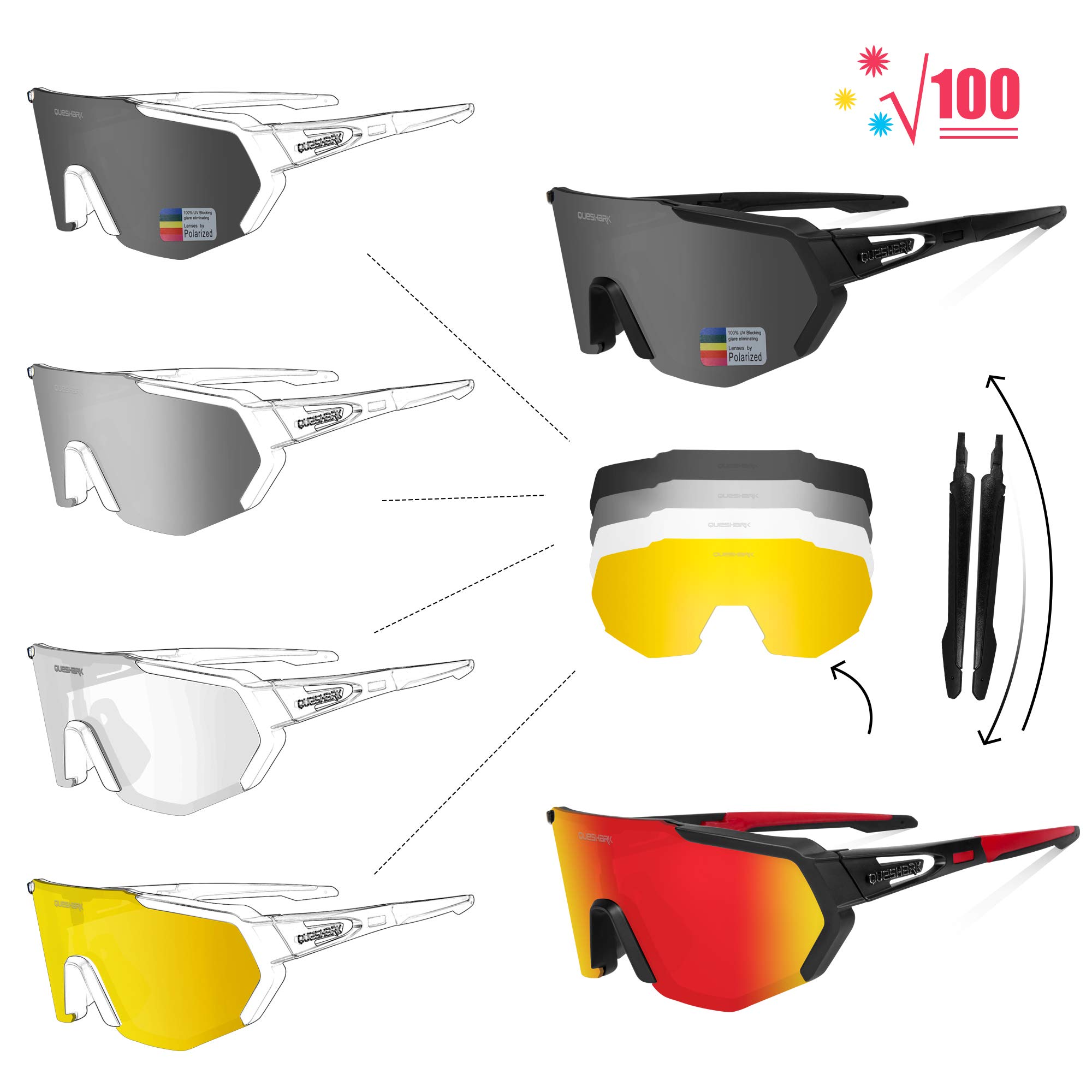Queshark Polarizzati Anti-UV con 3 o 5 Lenti Occhiali da Ciclismo Bici MTB Intercambiabili per Sport Uomo Donna Guida Pesca Golf Baseball Corsa