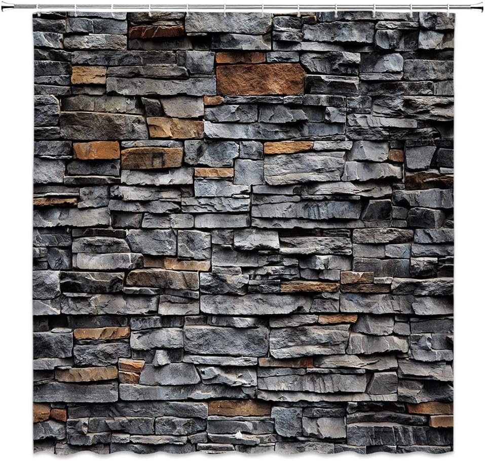 Sunhe Vintage Red Brown Brick Wall Shower Curtain Retro Stone Brick Rocks Rustic Country Farmhouse Geometric Wall Fabric Bathroom Decor Curtain with Hooks