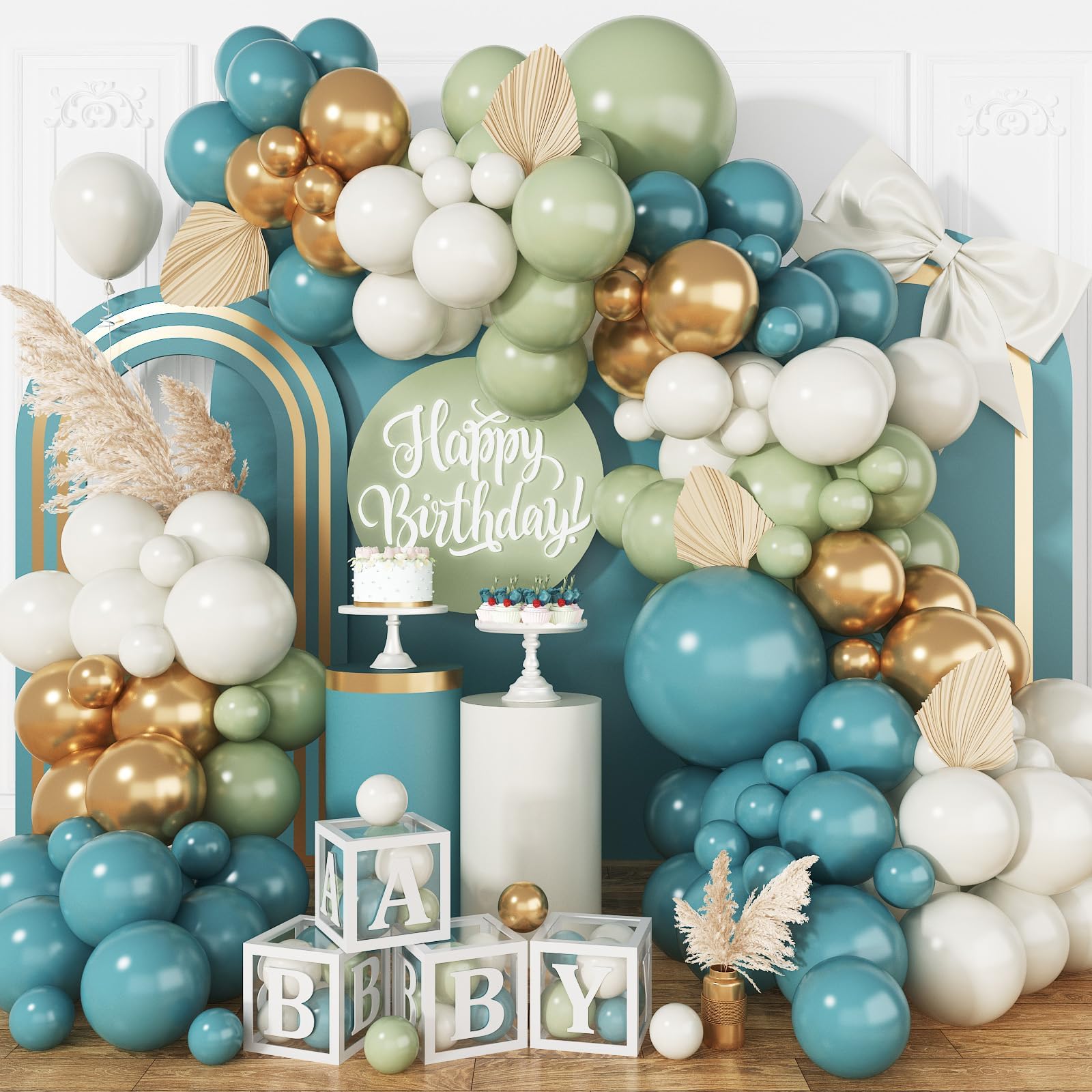Blue and Green Balloon Arch Kit, 108 Pcs Dusty Balloon Garland With Retro Sea Sage Sand White Metallic Gold Balloons for Boho Wedding Baby Shower